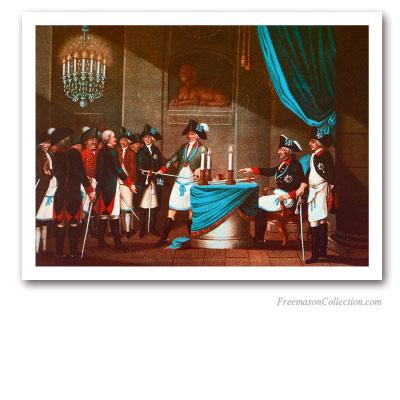 Initiation du Margrave Frédéric Von Bayreuth par le Roi Frédéric II de Prusse. Art maçonnique
