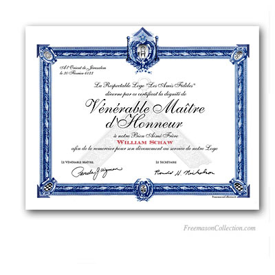 Diplôme de Vénérable Maître d'Honneur.