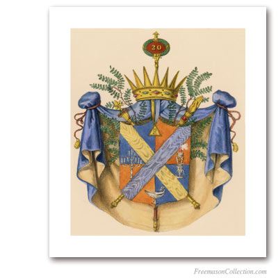 Armoiries Symboliques de Maître Ad Vitam. 1837. Blason du 20° degré du REAA. Rite écossais ancien et accepté. Art maçonnique