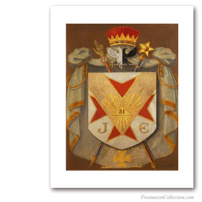 Armoiries Symboliques de Grand Inspecteur Inquisiteur Commandeur. Circa 1930. Blason du 31° degré du REAA. Rite écossais ancien et accepté. Art maçonnique