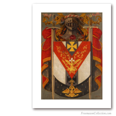 Armoiries Symboliques de Souverain Prince Rose-Croix. Circa 1930. Blason du 18° degré du REAA. Rite écossais ancien et accepté. Art maçonnique