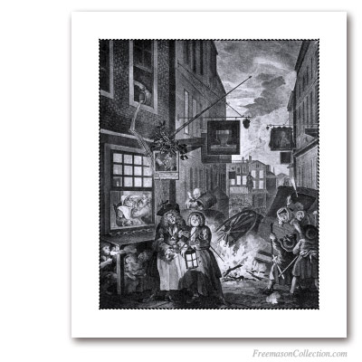 Night. William Hogarth. XVIII. Fantastique gravure bourrée de clins d'oeils aux Maçons. Art maçonnique