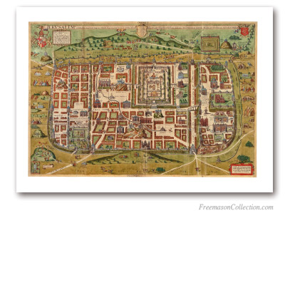 Carte de Jérusalem. Christiaan van Adrichem, 1584. Une vue imaginaire de Jérusalem et du Temple. Art maçonnique
