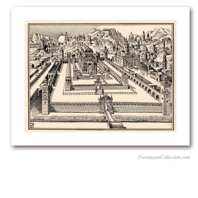 Le Temple de Jérusalem à 4 niveaux. Matthew Merian, 1695. Le Temple construit par Salomon. Art maçonnique