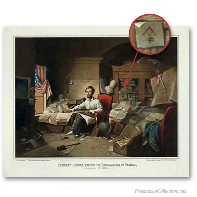 Abraham Lincoln rédigeant la déclaration d'émancipation des esclaves américains. Art maçonnique
