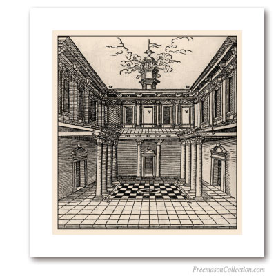 Villa romaine au Pavé Mosaïque. Virgil Solis, 1548. Une trace précoce de pavé mosaïque entouré de colonnes. Art maçonnique