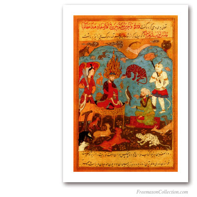 Salomon Persan. Fin XVIème. Rare gravure peinte Perse représentant le Roi Salomon. Art maçonnique
