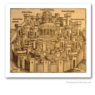 Hierosolima. Hartmann Schedel, 1493. Une représentation imaginaire du Temple de Jérusalem. Art maçonnique