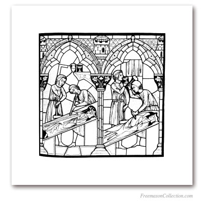 Les Tailleurs de Pierre (2). Notre-Dame de Chartres, XIIIème. Gravure d'après le vitrail de Saint-Chéron. Art maçonnique