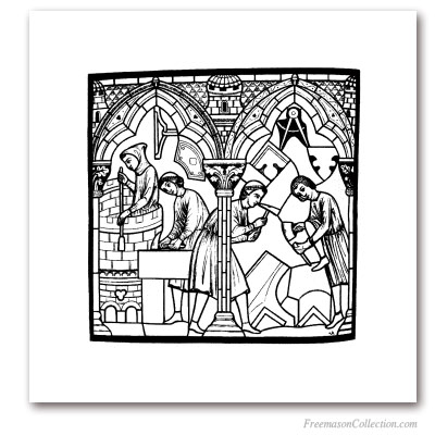 Les Tailleurs de Pierre. Notre-Dame de Chartres, XIIIème. Gravure d'après le vitrail de Saint-Chéron. Art maçonnique